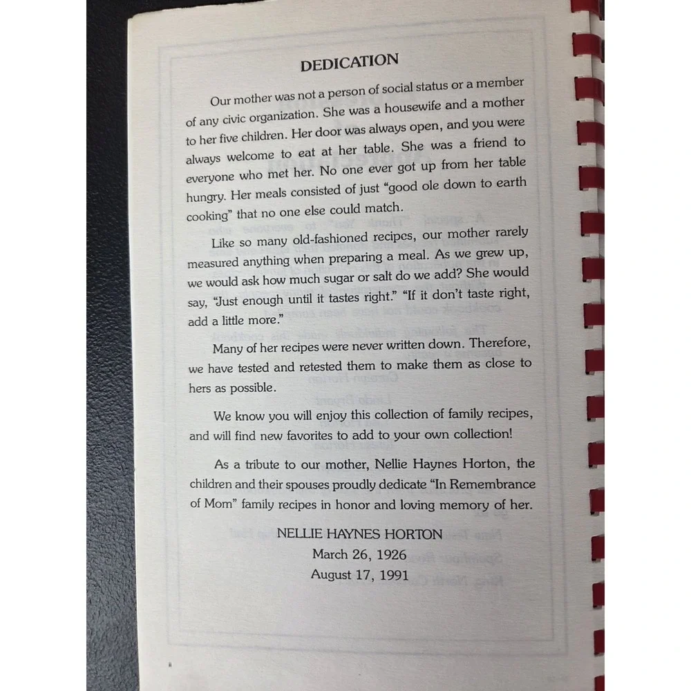 Nellie Haynes Horton Remembrance Cookbook King, North Carolina 1992 Southern